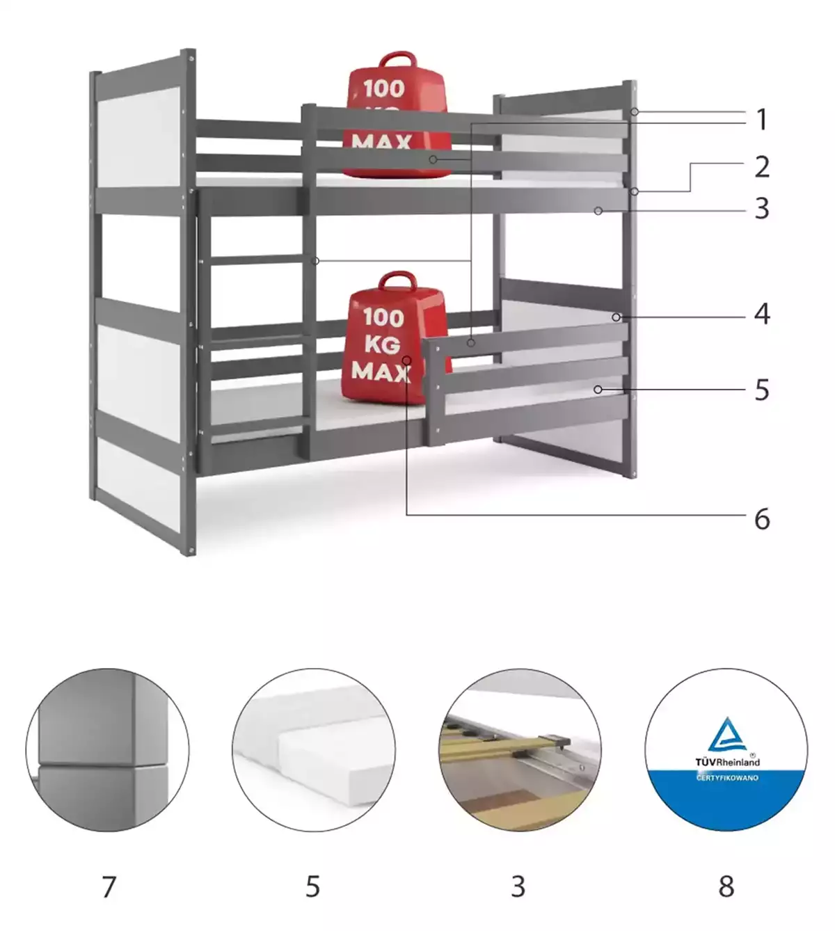 Części składowe dla Łóżko młodzieżowe piętrowe RICO 90X200 z materacem, grafitowe/białe