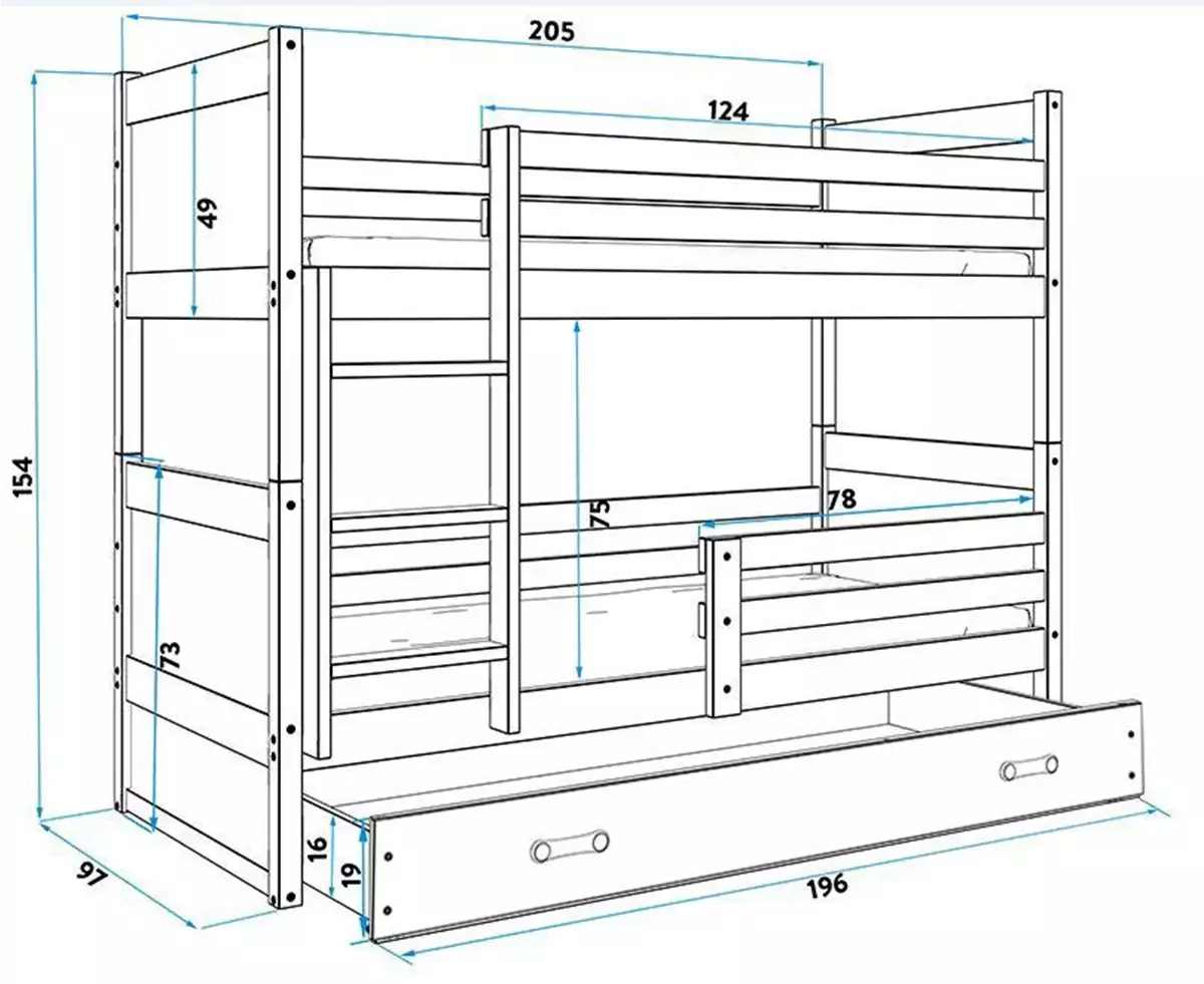 Wymiary i specyfikacja dla Łóżko młodzieżowe piętrowe RICO 90X200 z szufladą, sosna/białe