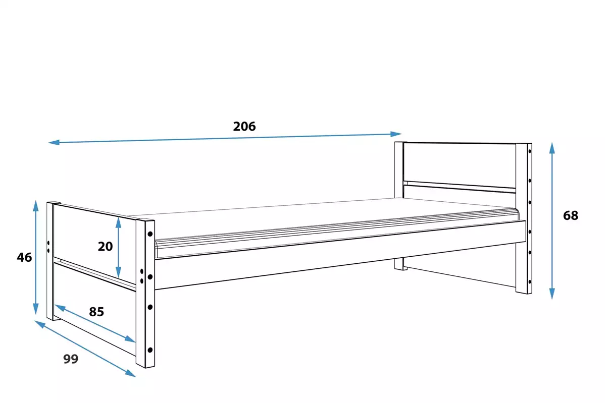 Wymiary i specyfikacja dla Łóżko młodzieżowe pojedyncze BARTEK 90X200, białe