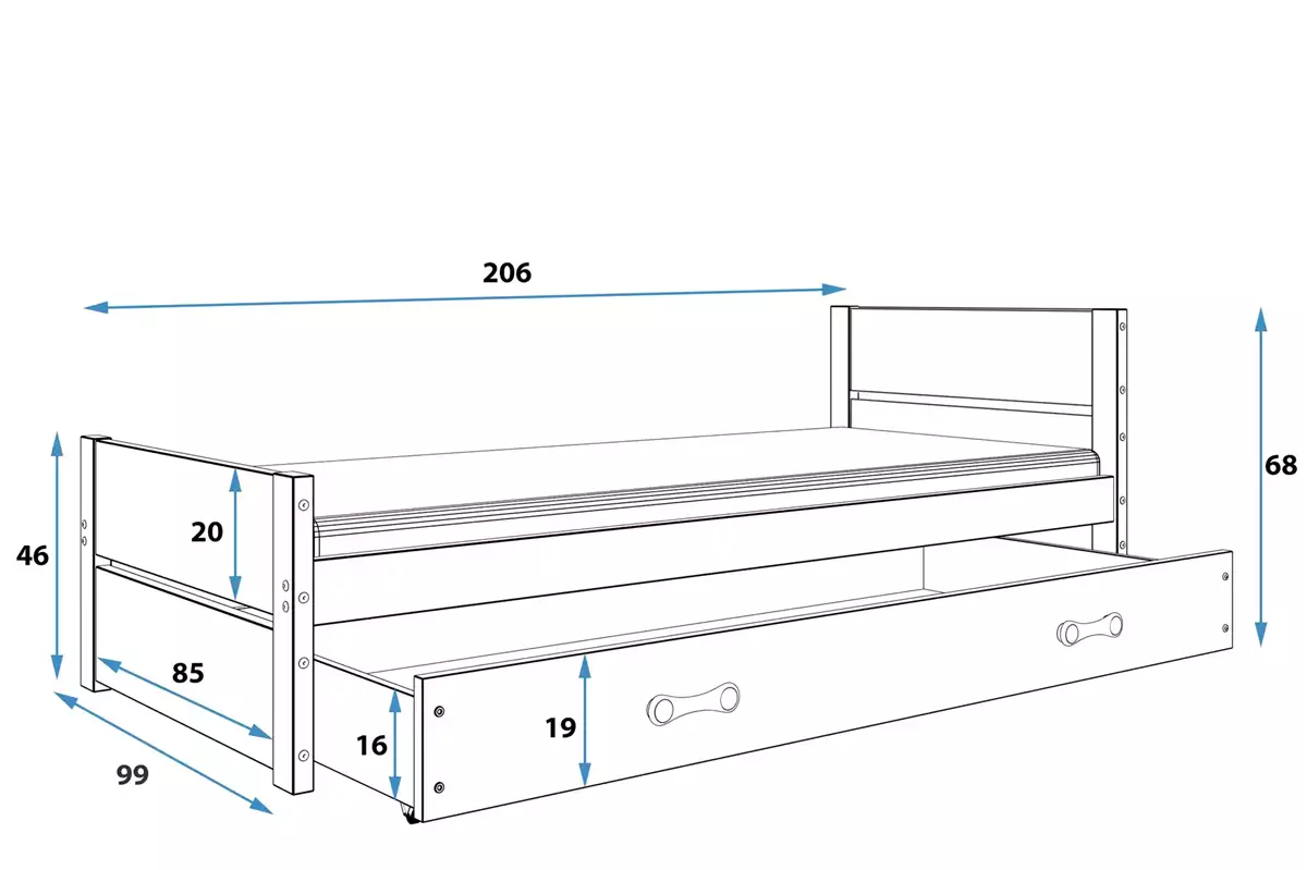 Wymiary i specyfikacja dla Łóżko młodzieżowe pojedyncze BARTEK 90X200 z szufladą, białe