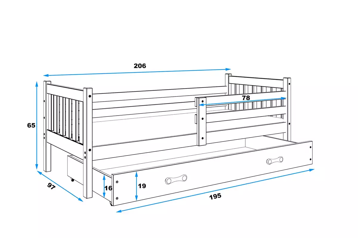 Wymiary i specyfikacja dla Łóżko młodzieżowe pojedyncze CARINO 90X200 z materacem i szufladą, białe