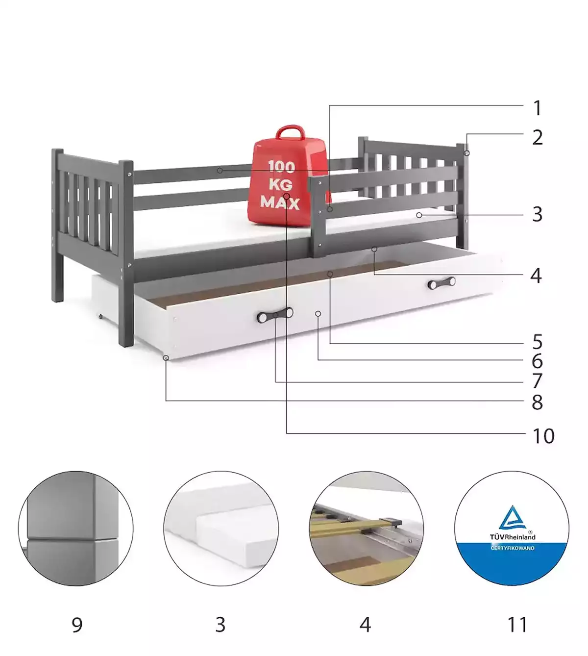 Części składowe dla Łóżko młodzieżowe pojedyncze CARINO 90X200 z szufladą, grafitowe/białe