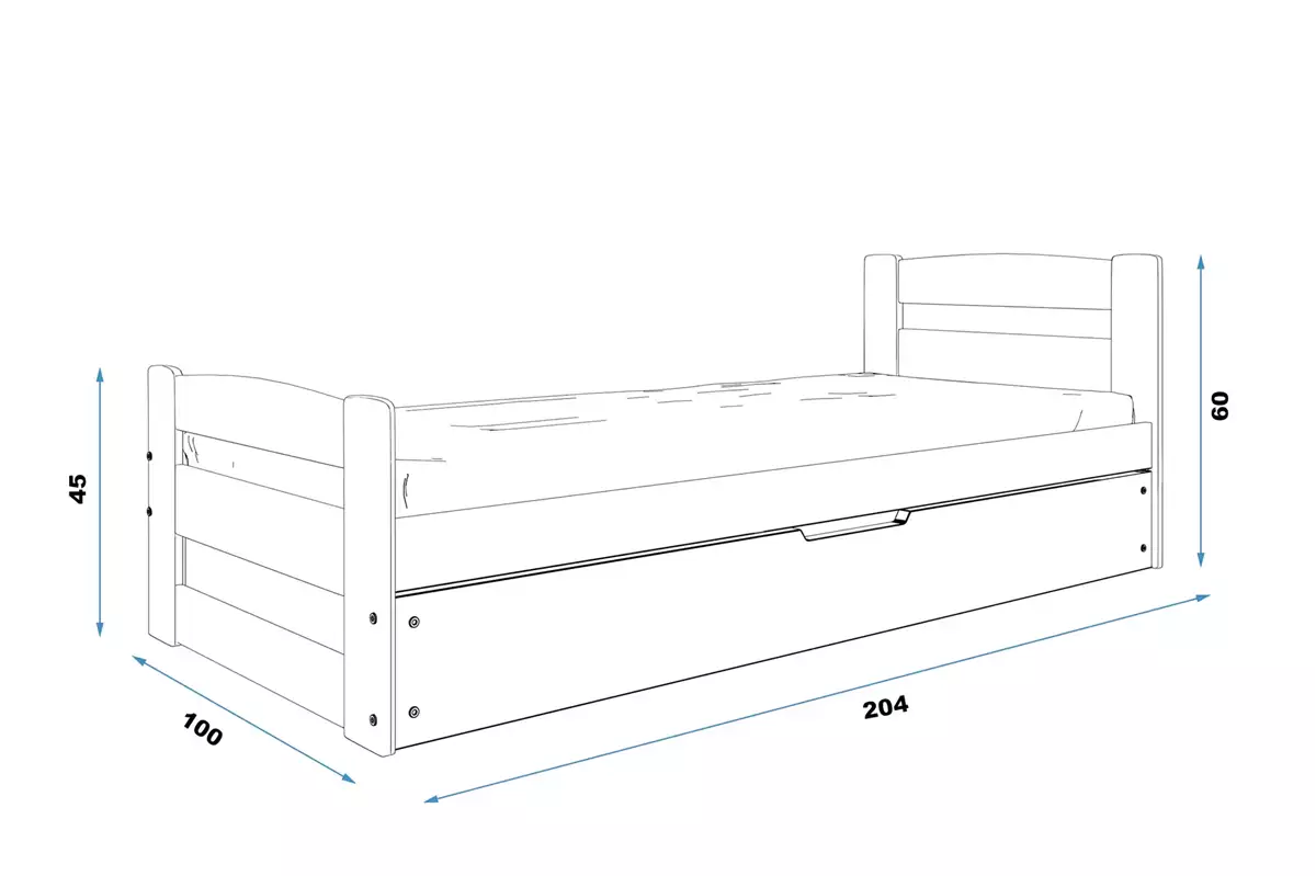 Wymiary i specyfikacja dla Łóżko młodzieżowe pojedyncze ERNI 90X200 z materacem i pojemnikiem, sosna
