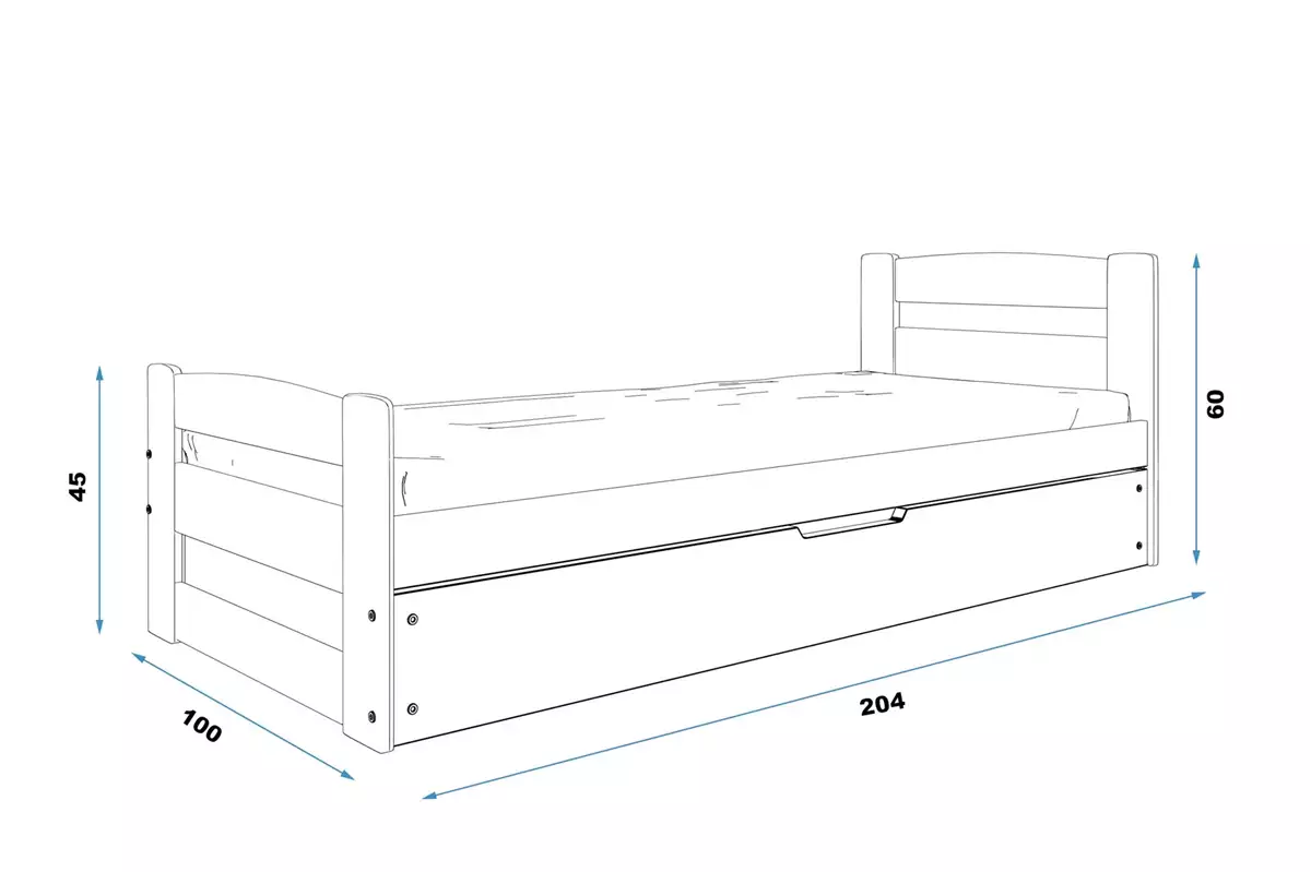 Wymiary i specyfikacja dla Łóżko młodzieżowe pojedyncze ERNI 90X200 z pojemnikiem, sosna
