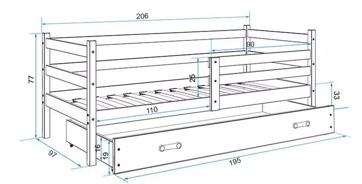 Wymiary i specyfikacja dla Łóżko młodzieżowe pojedyncze ERYK 90X200 z materacem i szufladą, białe