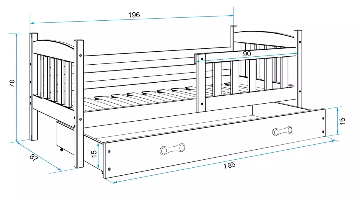 Wymiary i specyfikacja dla Łóżko młodzieżowe pojedyncze KUBUŚ 80X190 z szufladą, białe