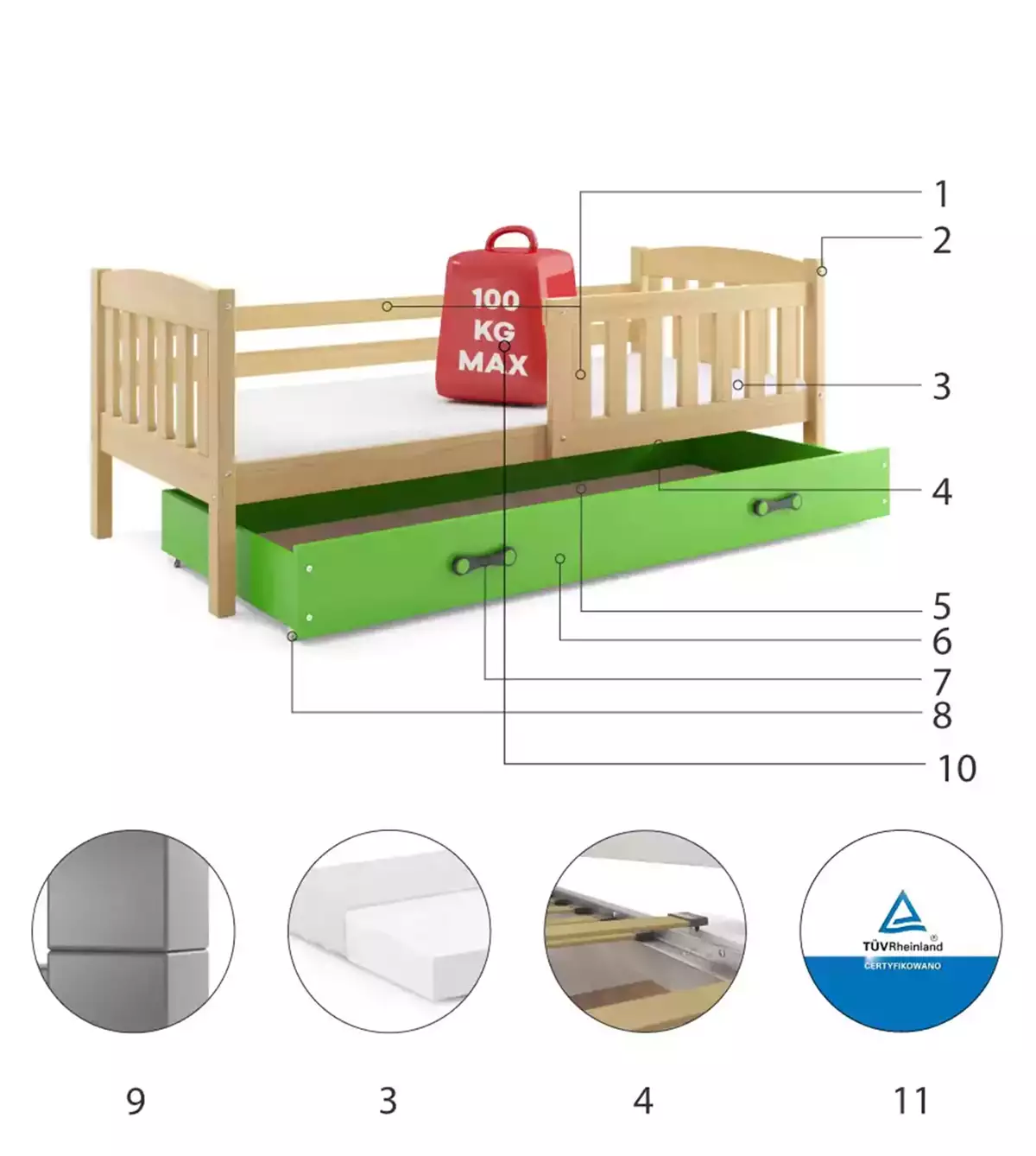 Części składowe dla Łóżko młodzieżowe pojedyncze KUBUŚ 80X190 z szufladą, sosna/zielone