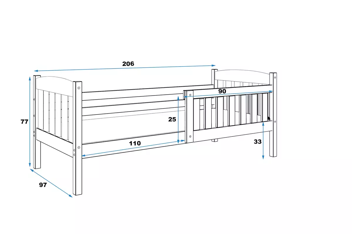 Wymiary i specyfikacja dla Łóżko młodzieżowe pojedyncze KUBUŚ 90X200, sosna