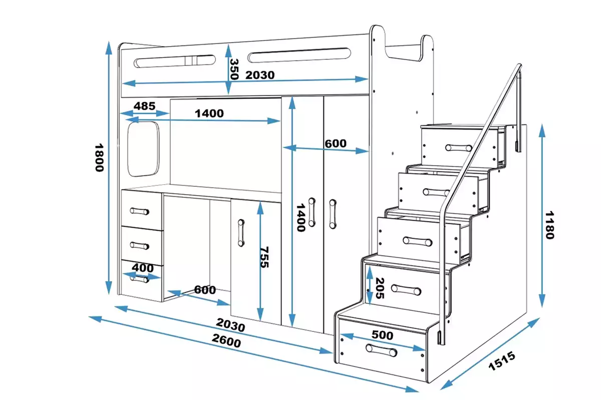 Wymiary i specyfikacja dla Łóżko młodzieżowe pojedyncze MAX 4 80X200 z biurkiem, niebieskie