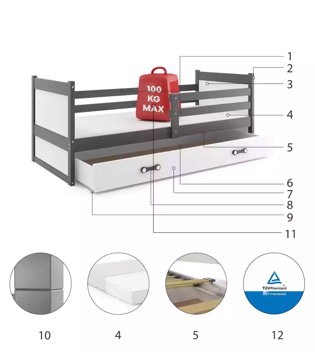 Części składowe dla Łóżko młodzieżowe pojedyncze RICO 80X190 z szufladą, grafitowe/białe