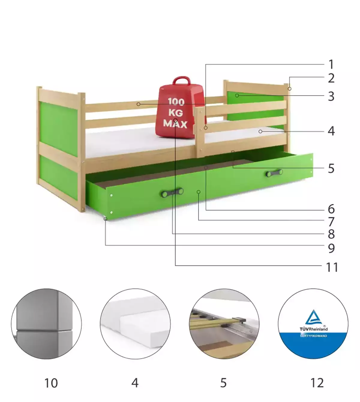 Części składowe dla Łóżko młodzieżowe pojedyncze RICO 90X200 z materacem i szufladą, sosna/zielone