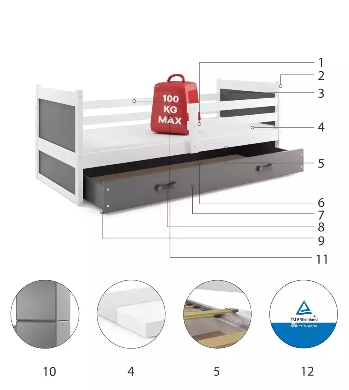 Części składowe dla Łóżko młodzieżowe pojedyncze RICO 90X200 z szufladą, białe/grafitowe