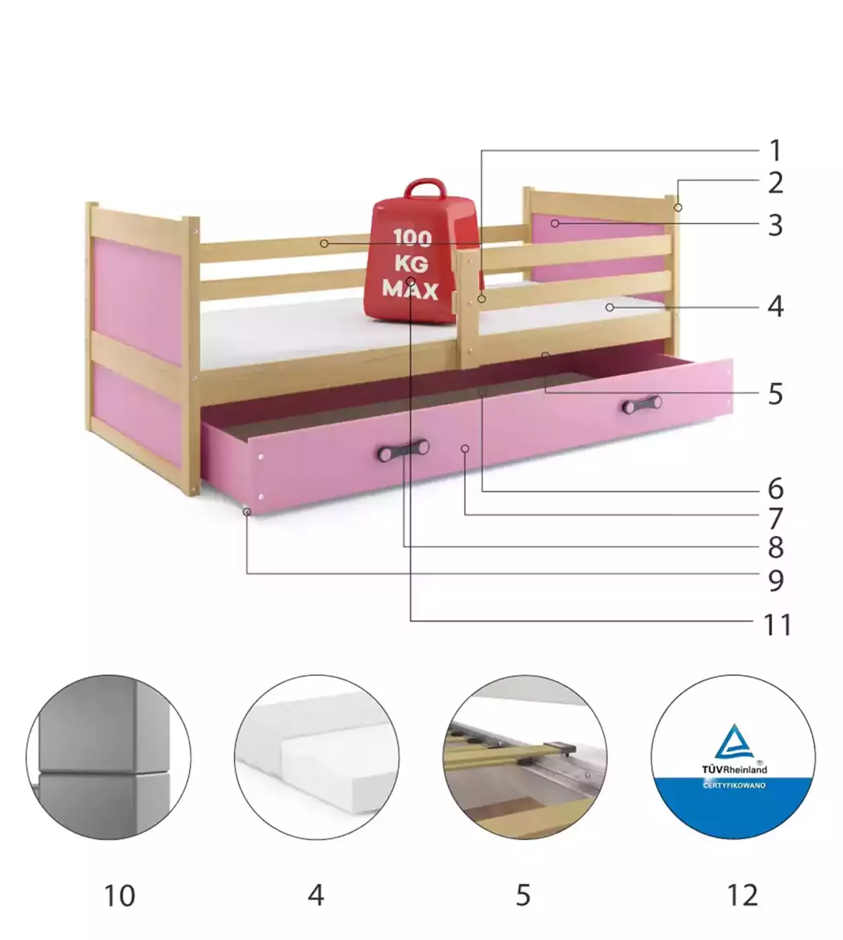 Części składowe dla Łóżko młodzieżowe pojedyncze RICO 90X200 z szufladą, sosna/różowe