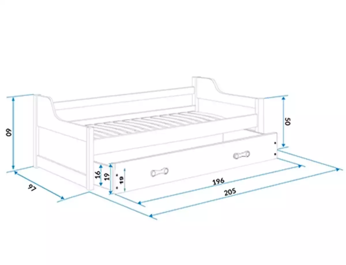 Wymiary i specyfikacja dla Łóżko młodzieżowe wysuwane DAWID 90X200 z materacem i szufladą, białe/zielone
