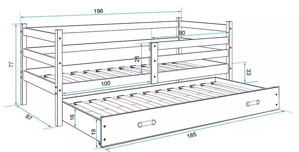 Wymiary i specyfikacja dla Łóżko młodzieżowe wysuwane ERYK 80X190 z szufladą, białe/niebieskie