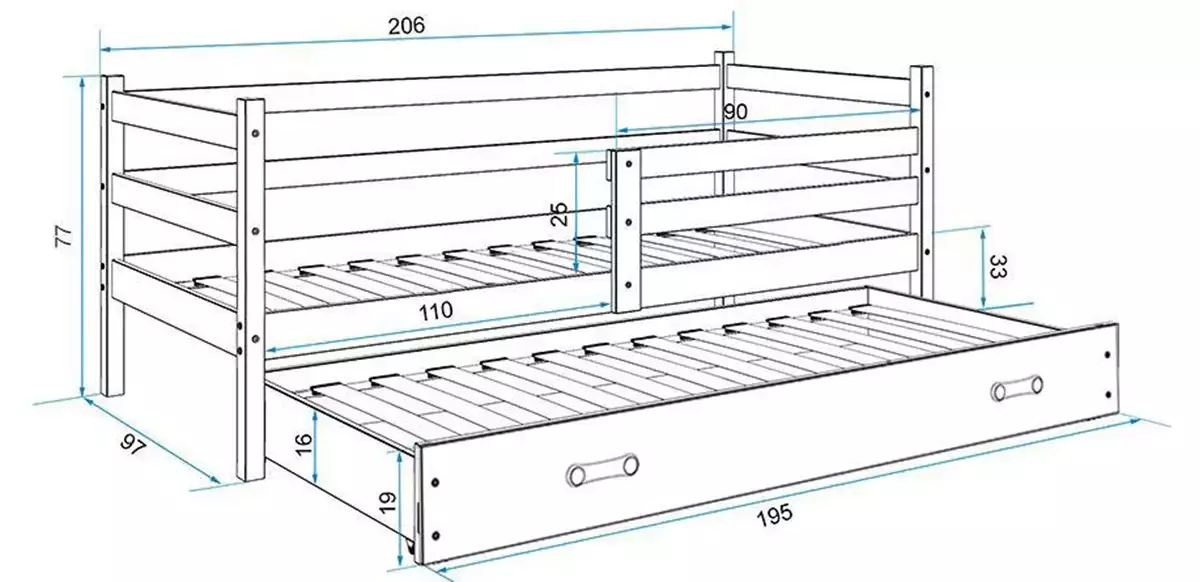 Wymiary i specyfikacja dla Łóżko młodzieżowe wysuwane ERYK 90X200 z materacem i szufladą, białe/niebieskie