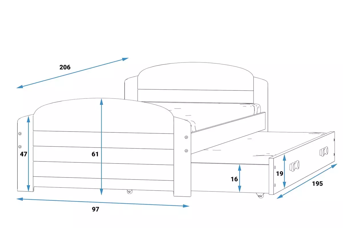 Wymiary i specyfikacja dla Łóżko młodzieżowe wysuwane LILI 90X200 z materacem i szufladą, białe