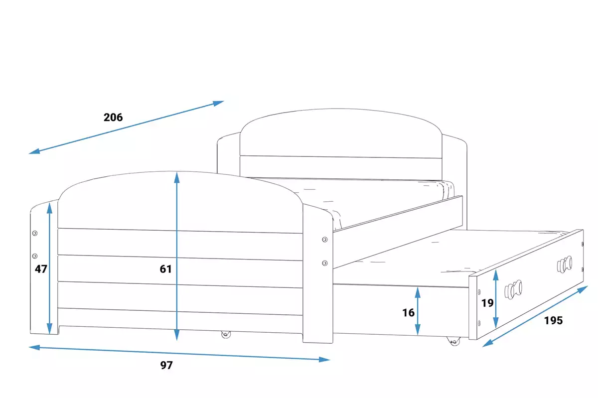 Wymiary i specyfikacja dla Łóżko młodzieżowe wysuwane LILI 90X200 z materacem i szufladą, grafitowe/różowe