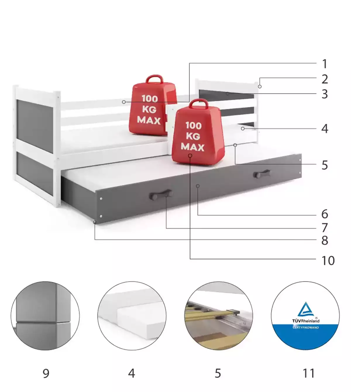 Części składowe dla Łóżko młodzieżowe wysuwane RICO 80X190 z materacem i szufladą, białe/grafitowe
