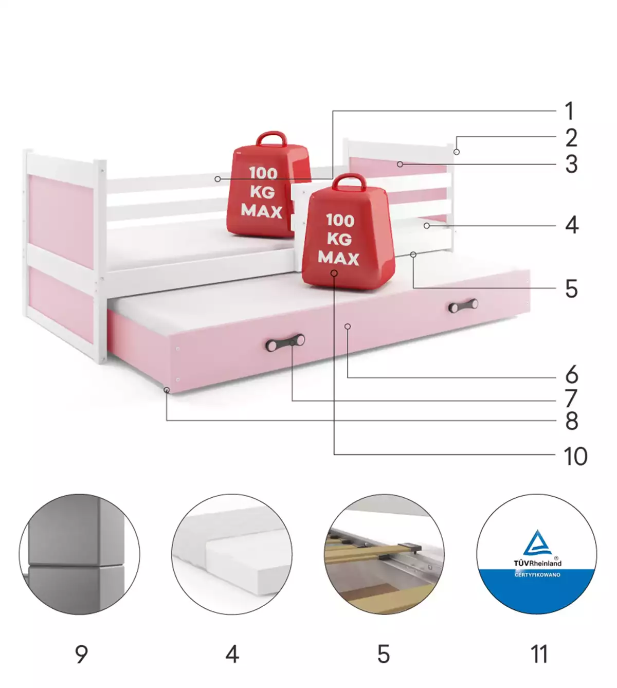 Części składowe dla Łóżko młodzieżowe wysuwane RICO 80X190 z materacem i szufladą, białe/różowe