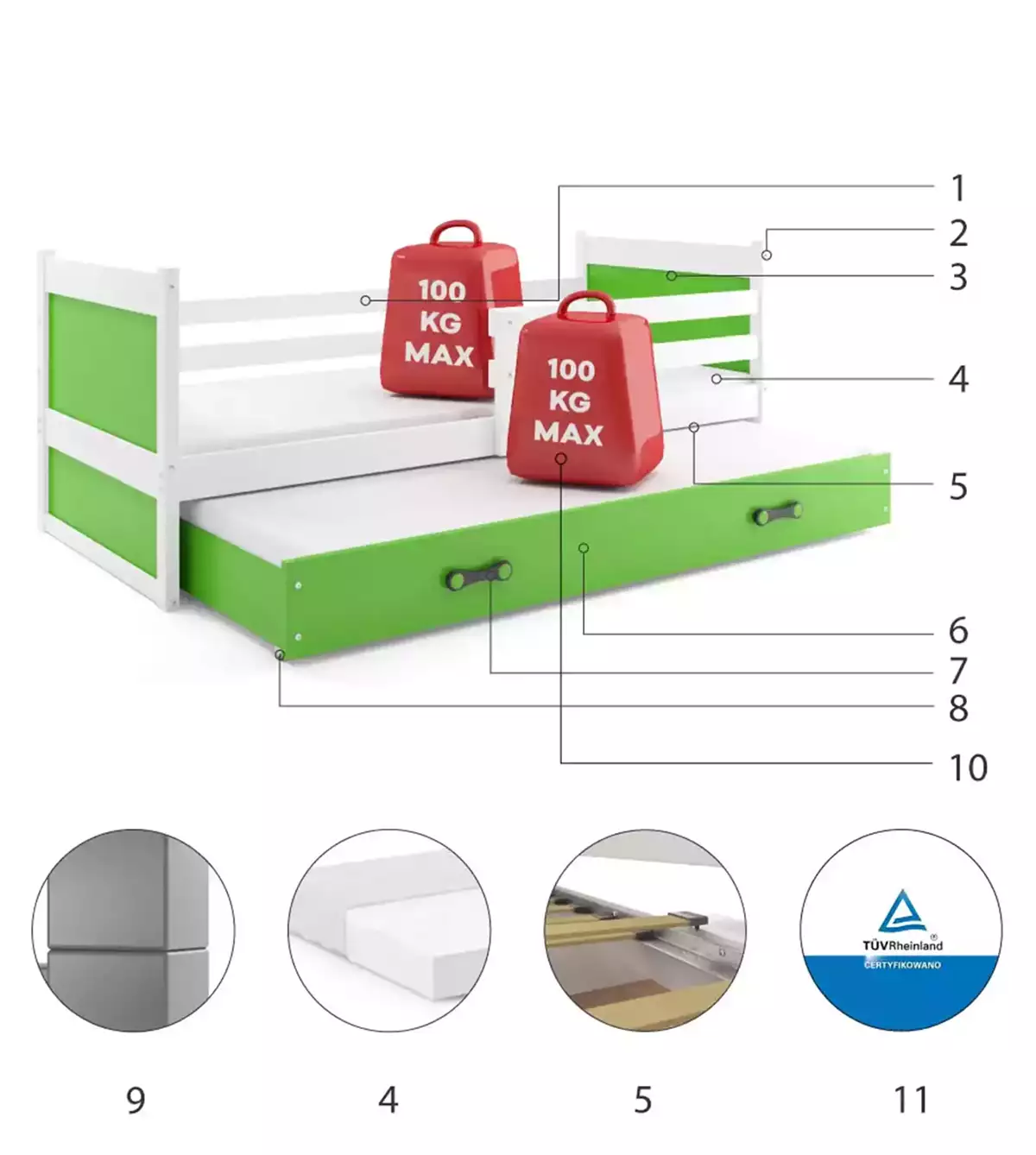 Części składowe dla Łóżko młodzieżowe wysuwane RICO 80X190 z materacem i szufladą, białe/zielone