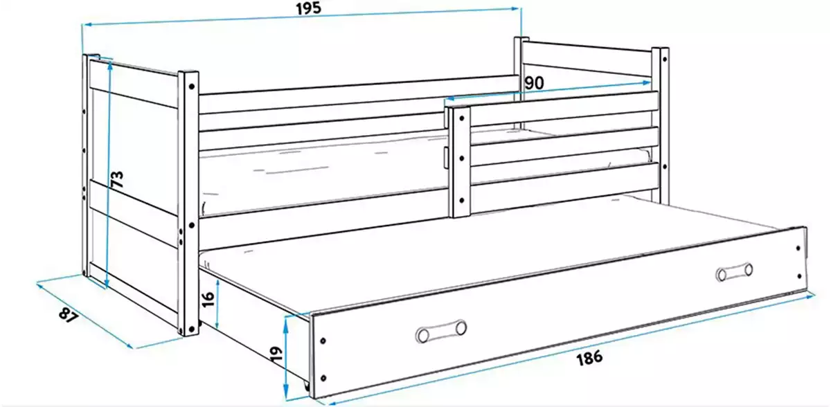 Wymiary i specyfikacja dla Łóżko młodzieżowe wysuwane RICO 80X190 z szufladą, białe/niebieskie