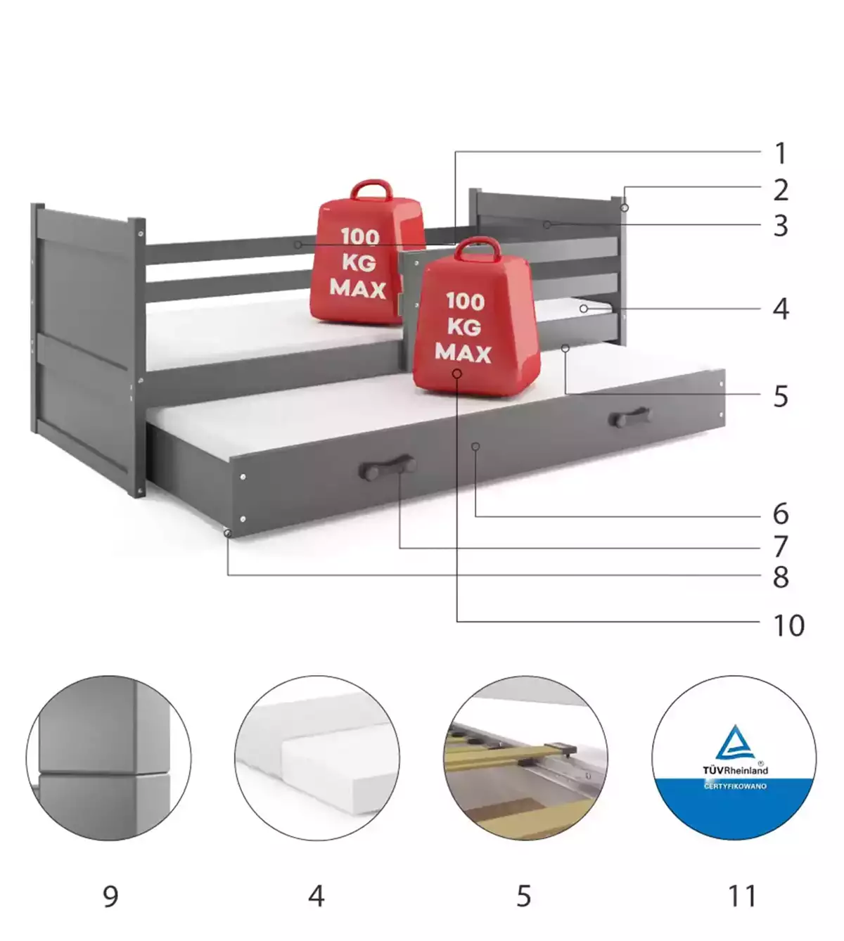 Części składowe dla Łóżko młodzieżowe wysuwane RICO 90X200 z materacem i szufladą, grafitowe