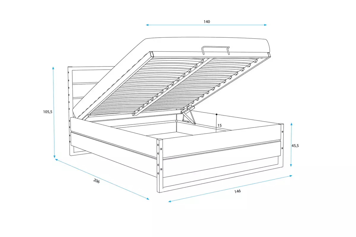 Wymiary i specyfikacja dla Łóżko sypialniane LOFT 140X200 z pojemnikiem, z drewna dębowego