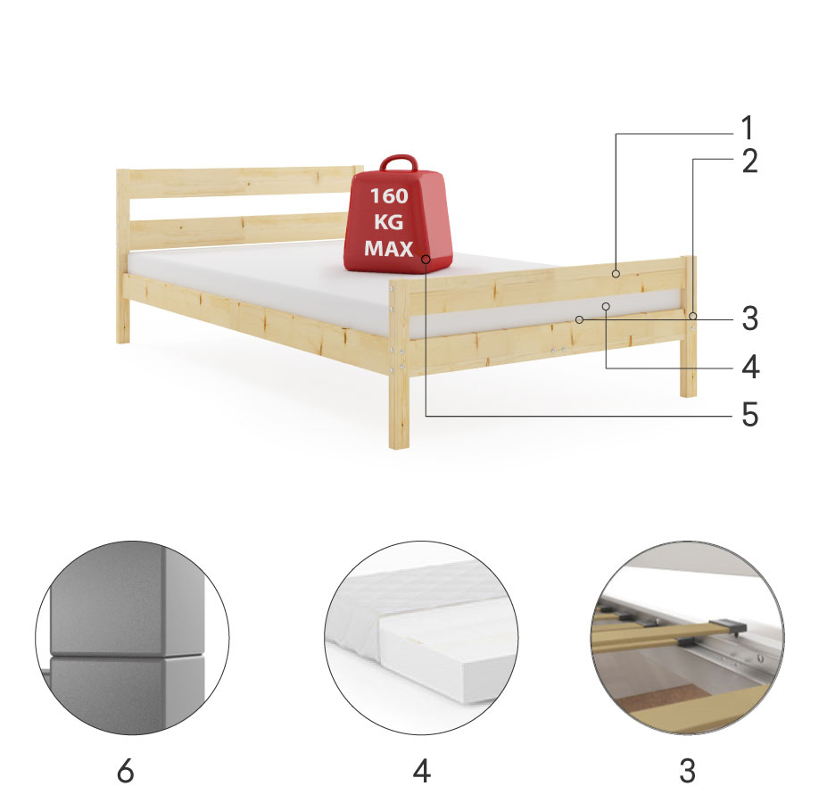 Części składowe dla Łóżko sypialniane ORBIS 160X200 z materacem, naturalne drewno 