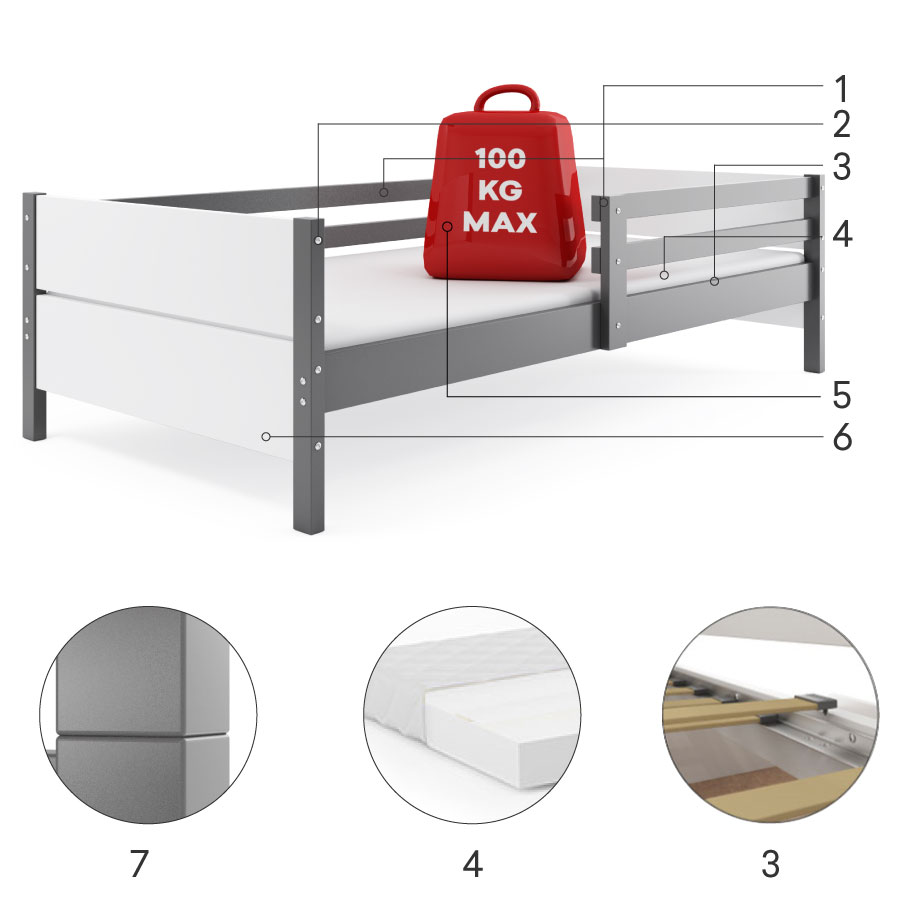 Części składowe dla Łóżko młodzieżowe pojedyncze MARIO 80x160  z materacem, grafitowe/białe