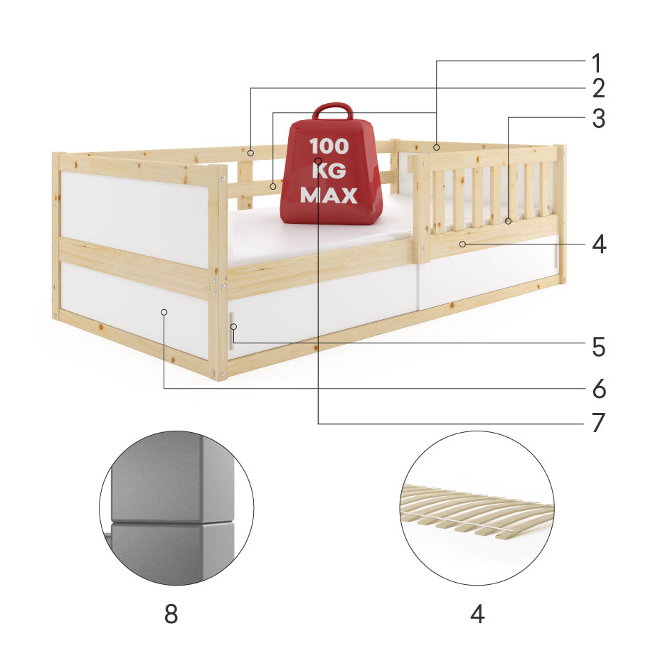 Części składowe dla Łóżko dziecięce pojedyncze SMART 2 80X160 z materacem i schowkiem, naturalne drewno