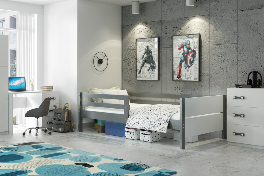 Łóżko młodzieżowe pojedyncze MARIO 80x160 z materacem, grafitowe/białe