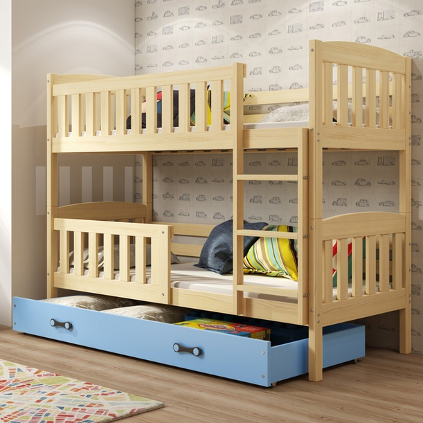 Łóżko młodzieżowe piętrowe kubuś KUBUŚ 80X190 z materacem i szufladą, sosna/niebieskie