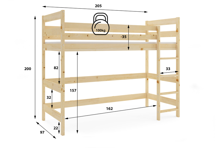 Łóżko piętrowe młodzieżowe - antresola naturalne drewno 90x200