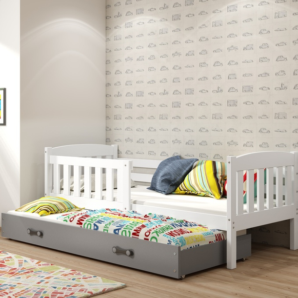 Łóżko młodzieżowe wysuwane KUBUŚ 90X190 z materacem i szufladą, białe/grafitowe