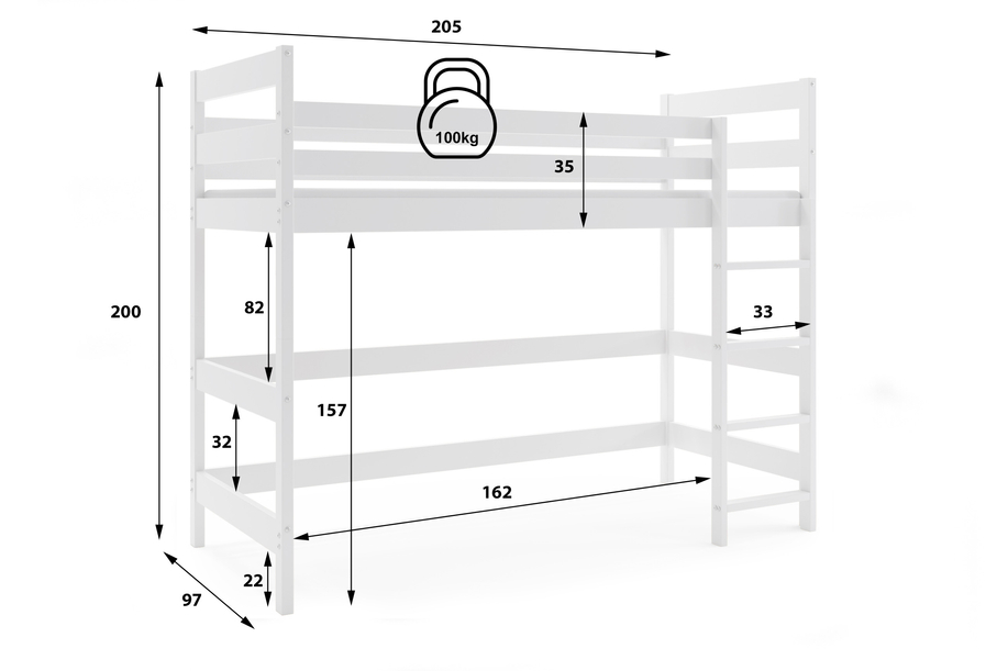 Łóżko piętrowe młodzieżowe - antresola biała 90x200