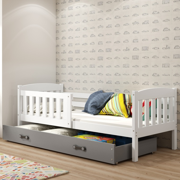 Łóżko młodzieżowe pojedyncze KUBUŚ 90X200 z materacem i szufladą, białe/grafitowe