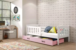 Łóżko młodzieżowe pojedyncze KUBUŚ 90X190 z materacem i szufladą, białe/różowe