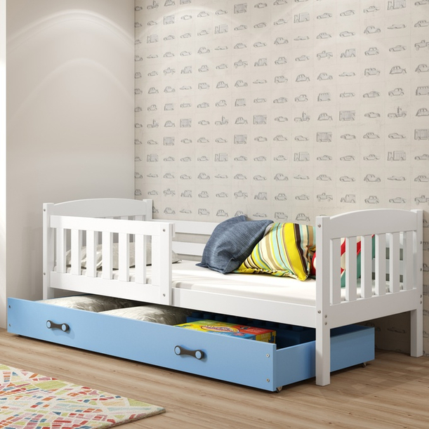 Łóżko młodzieżowe pojedyncze KUBUŚ 90X190 z szufladą, białe/niebieskie