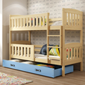 Łóżko młodzieżowe piętrowe kubuś KUBUŚ 80X190 z materacem i szufladą, sosna/niebieskie