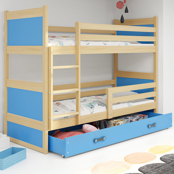 Łóżko dziecięce piętrowe RICO 80X160 z materacem i szufladą, sosna/niebieskie