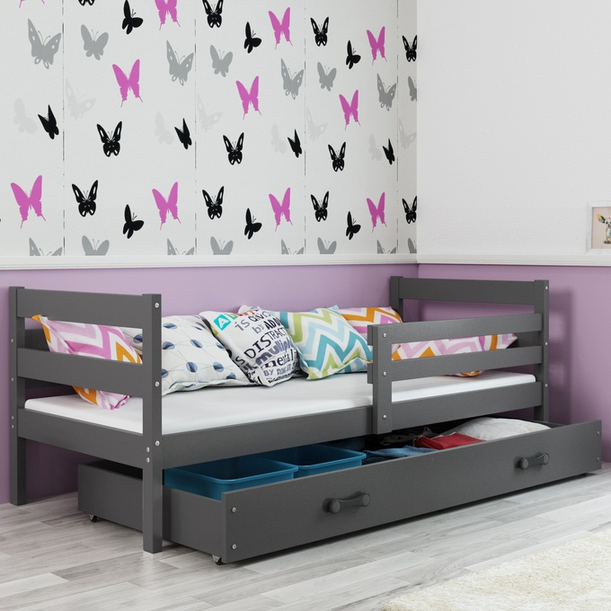 Pojedyncze łóżko młodzieżowe ERYK 90x190 z materacem i szufladą, grafitowe