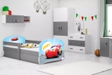 Łóżko dziecięce pojedyncze LUKI 1 80X160 z materacem i schowkiem, Autko, grafitowe