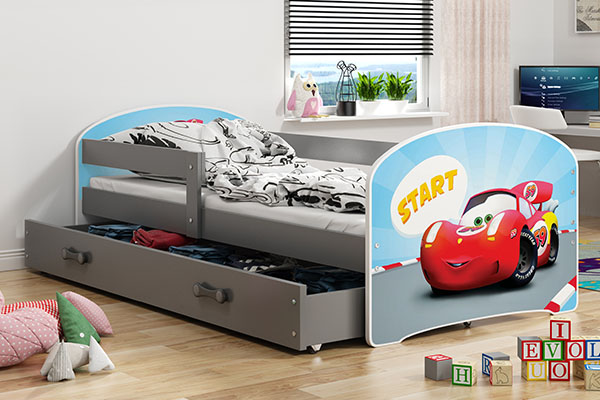 Łóżko młodzieżowe pojedyncze LUKI 80X160 z materacem i szufladą, autko, grafitowe