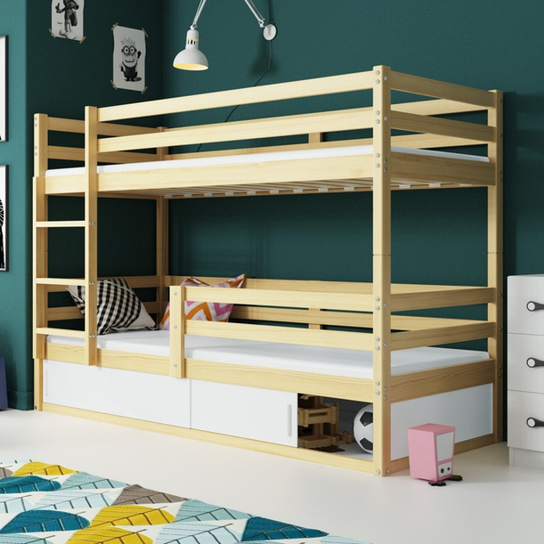 Łóżko młodzieżowe piętrowe BINGO 80X190 z materacem i schowkiem, sosna