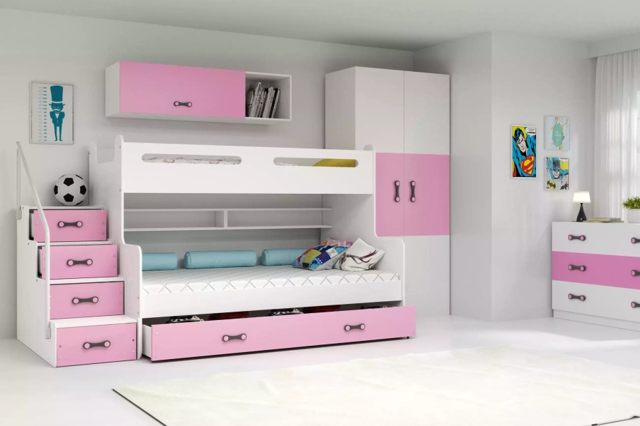 ŁÓŻKO MŁODZIEŻOWE PIĘTROWE MAX 3 120X200 Z SZUFLADĄ, RÓŻOWE