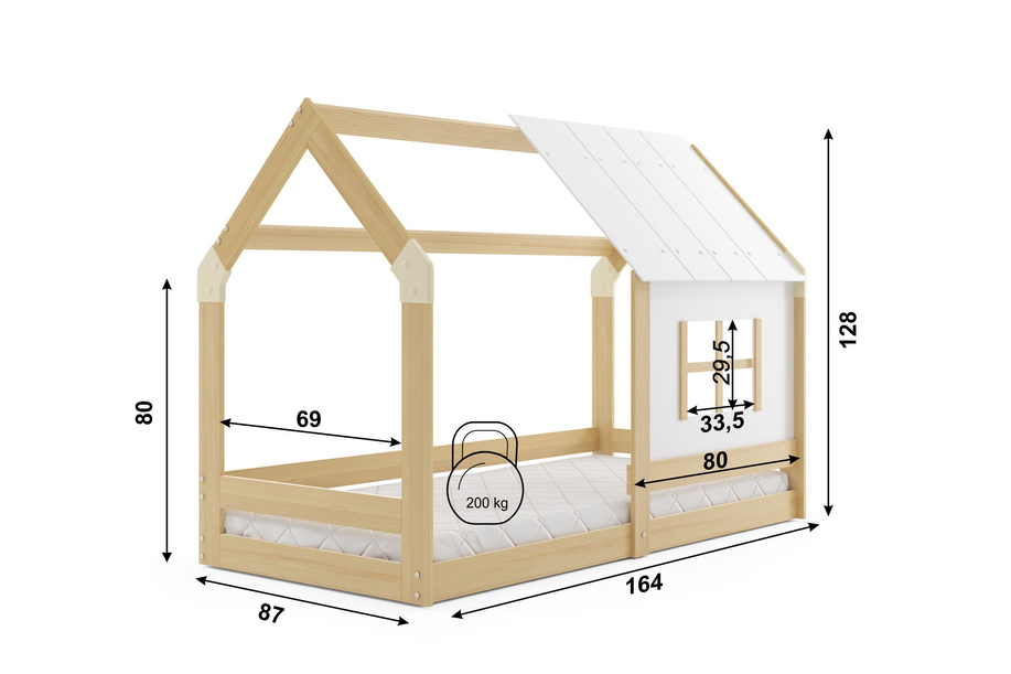 Łóżko dziecięce domek z daszkiem naturalne drewno 80x160 z materacem