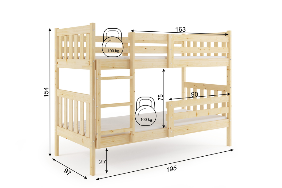 Łóżko młodzieżowe piętrowe KACPER 90X190 z materacem, sosna