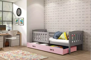 Łóżko młodzieżowe pojedyncze KUBUŚ 90X190 z materacem i szufladą, grafitowe/różowe