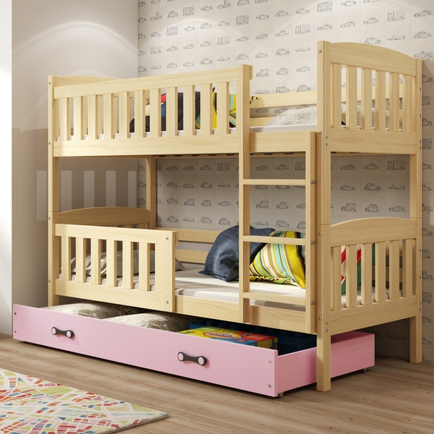 Łóżko młodzieżowe piętrowe KUBUŚ 80X190 z materacem i szufladą, sosna/różowe